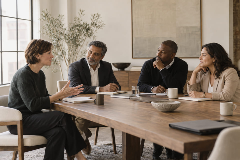 Illustrative scene of financial professionals discussing ideas around a table